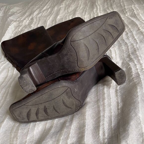 🍂 Y2K Vintage Dark Warm Brown Faded High-Heeled  Square Toes Leather Knee Boots - Picture 5 of 8